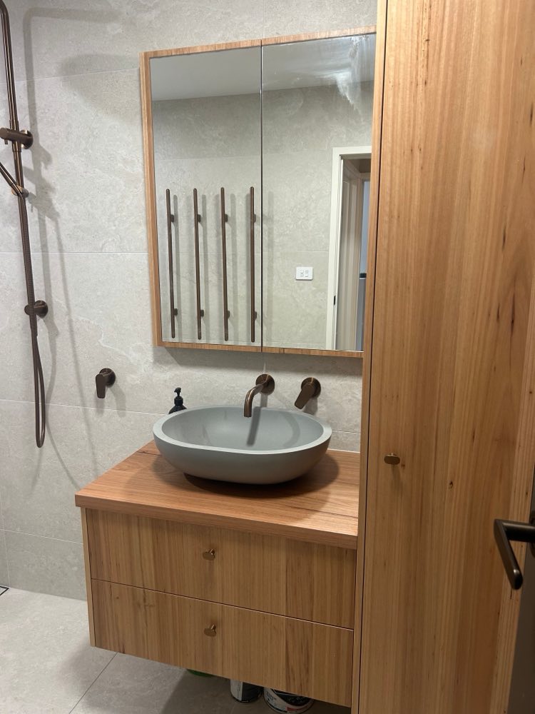 Hawker bathroom with a timber vanity, stone basin and mirror cabinet